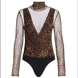 Jonathan Simkhai Standard Turtleneck Leopard Mesh Bodysuit Illusion Deep-V S